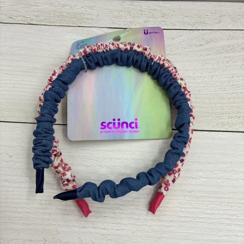 Scunci Girls Headbands Pack of 2 Scrunch Style Stretch Fabric Blue Pink One Size